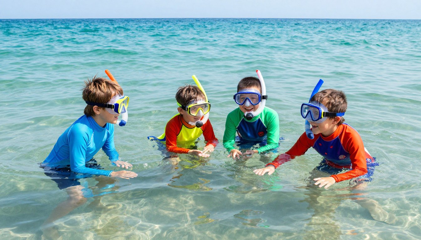 copii purtand costume UV protection facand snorkeling safe la Marea Neagra copii purtand costume UV protection facand snorkeling safe la Marea Neagra