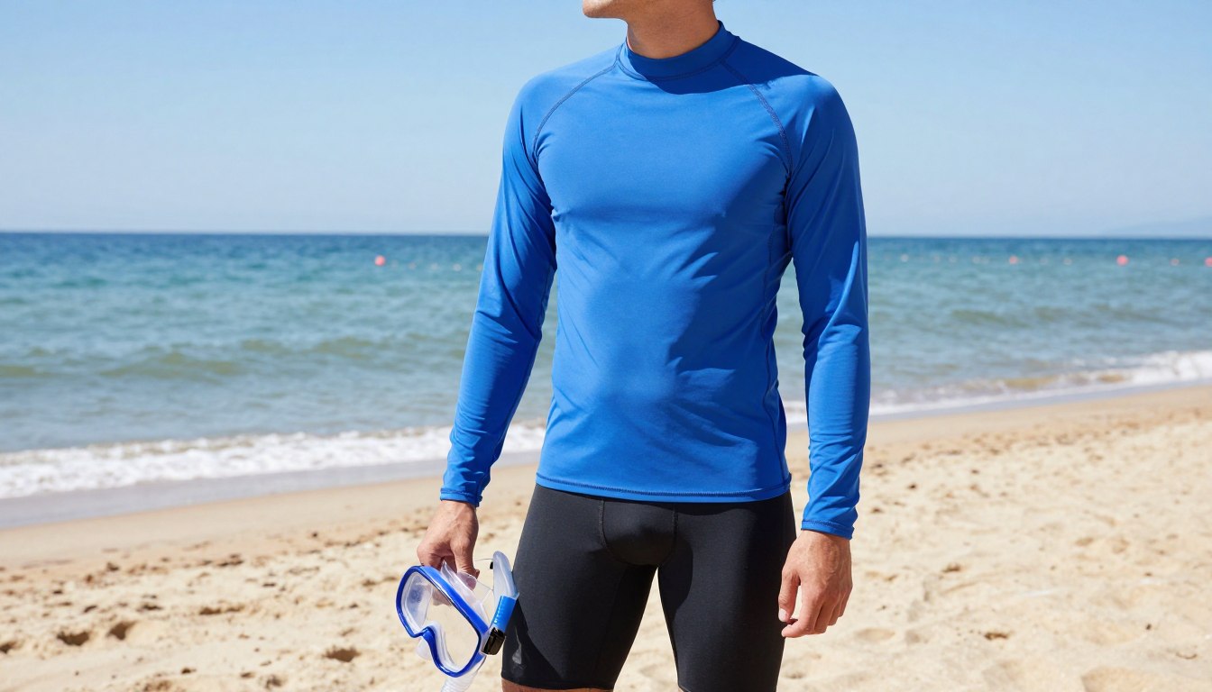 costum protectie UV pentru snorkeling la Marea Neagra purtat de persoana pe plaja costum protectie UV pentru snorkeling la Marea Neagra purtat de persoana pe plaja