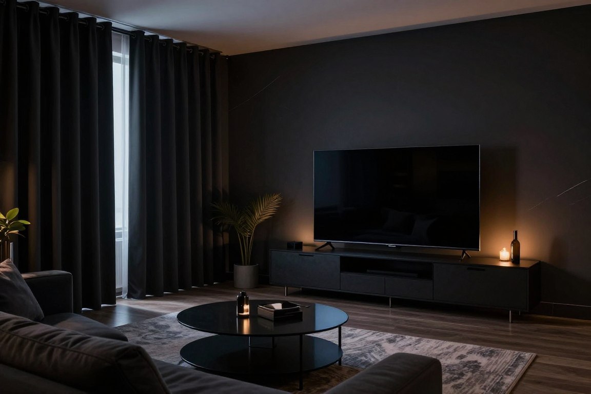 dark Romanian living room controlled lighting OLED perfect blacks cinema dark Romanian living room controlled lighting OLED perfect blacks cinema
