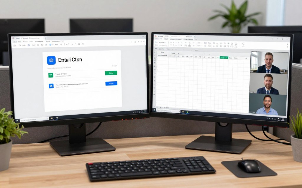 două monitoare pe birou cu email spreadsheet și apel video