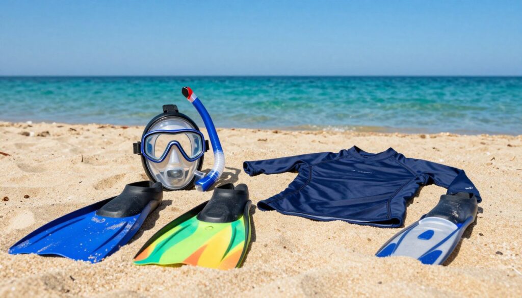 echipament snorkeling Marea Neagra Romania 2026 expus pe plaja de nisip cu apa albastra in fundal