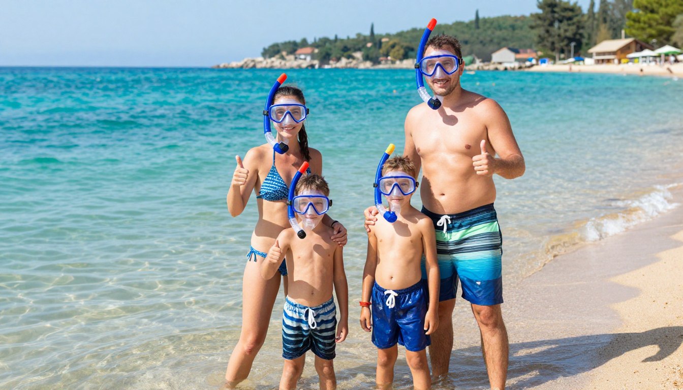 familie cu copii folosind echipament snorkeling full face la Marea Neagra in zona Vama Veche familie cu copii folosind echipament snorkeling full face la Marea Neagra in zona Vama Veche