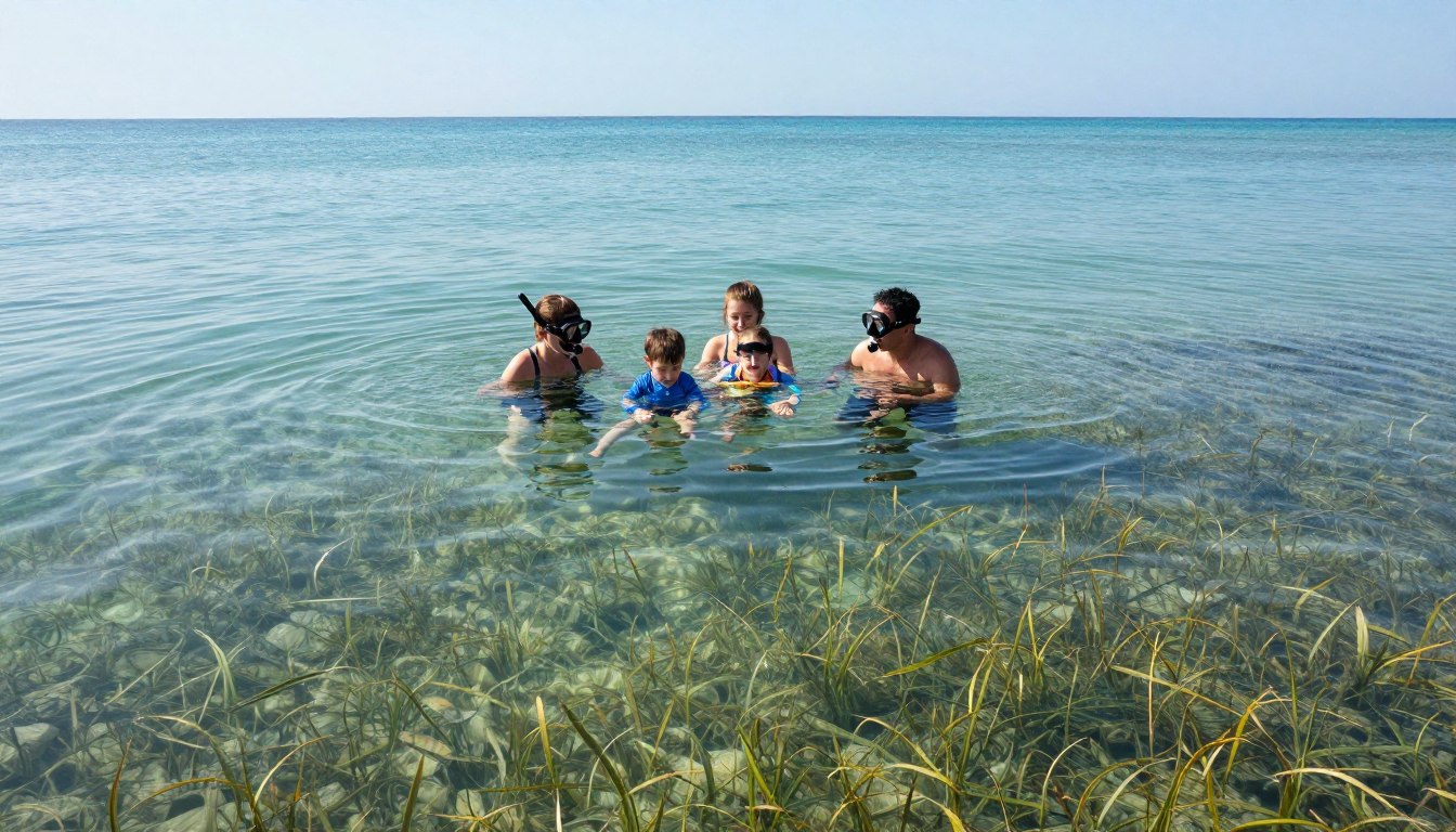 familie facand snorkeling in apa clara la 2 Mai cu iarbă marina vizibila familie facand snorkeling in apa clara la 2 Mai cu iarbă marina vizibila