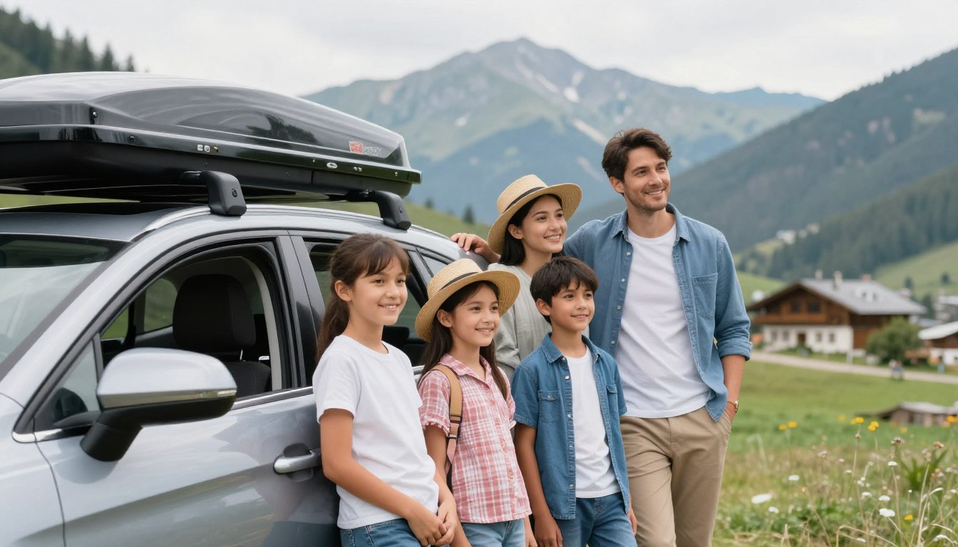 familie fericită în vacanță cu mașina echipată cu cutie portbagaj familie fericită în vacanță cu mașina echipată cu cutie portbagaj