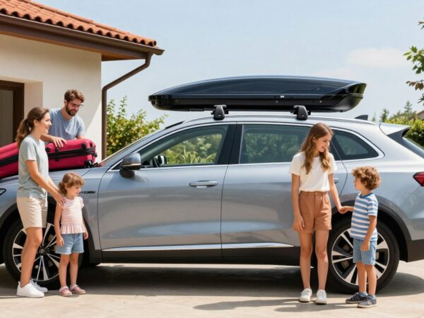 familie pregătind mașina pentru vacanță cu cutie portbagaj montată pe plafon