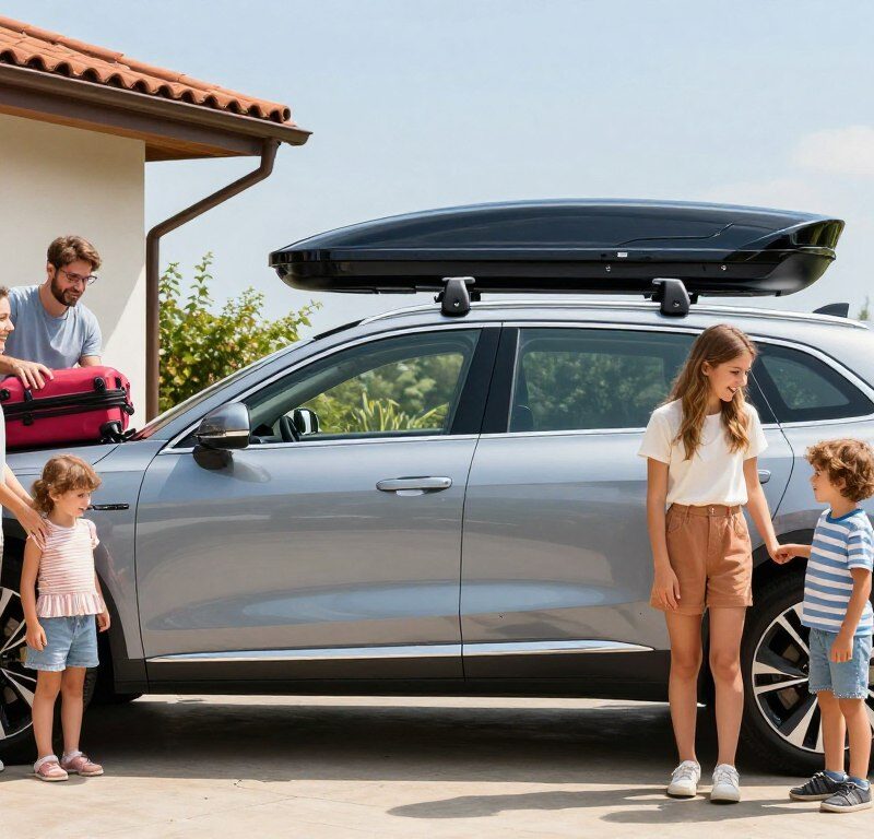 familie pregătind mașina pentru vacanță cu cutie portbagaj montată pe plafon