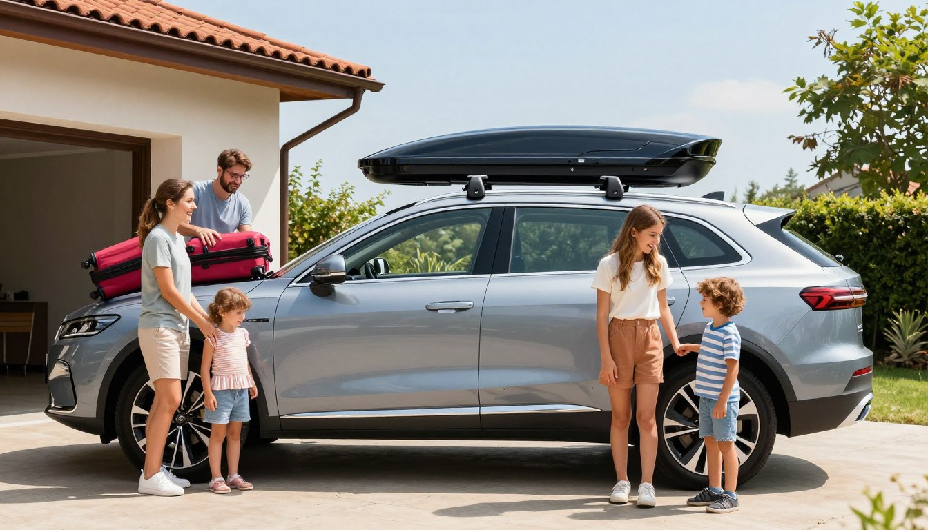 familie pregătind mașina pentru vacanță cu cutie portbagaj montată pe plafon