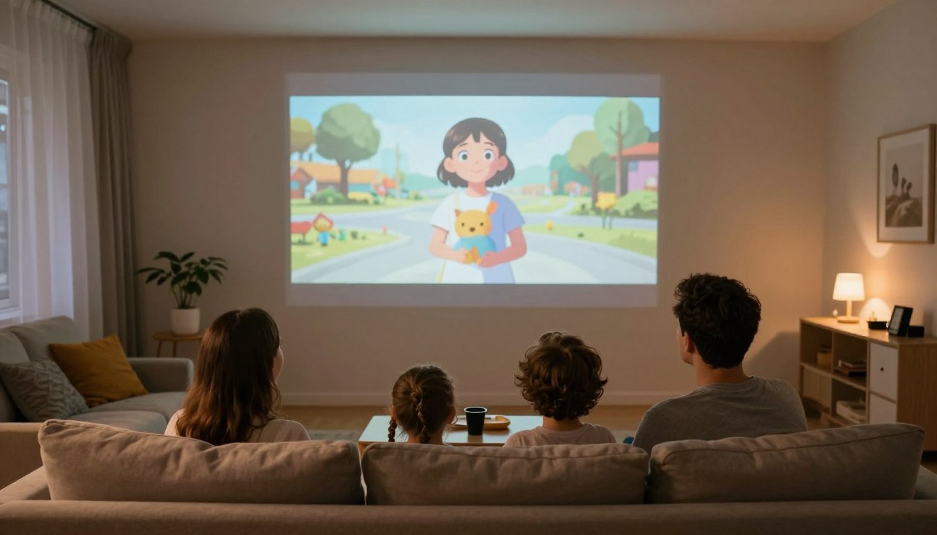 familie vizionand film proiectat pe perete in living confortabil familie vizionand film proiectat pe perete in living confortabil