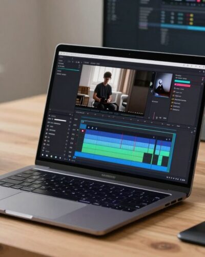 laptop grafica video editing Romania 2026 open on desk with video editing timeline visible on screen in professional workspace