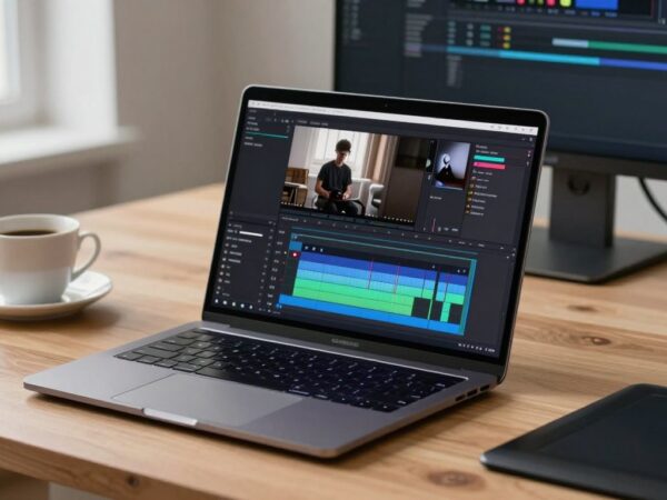laptop grafica video editing Romania 2026 open on desk with video editing timeline visible on screen in professional workspace