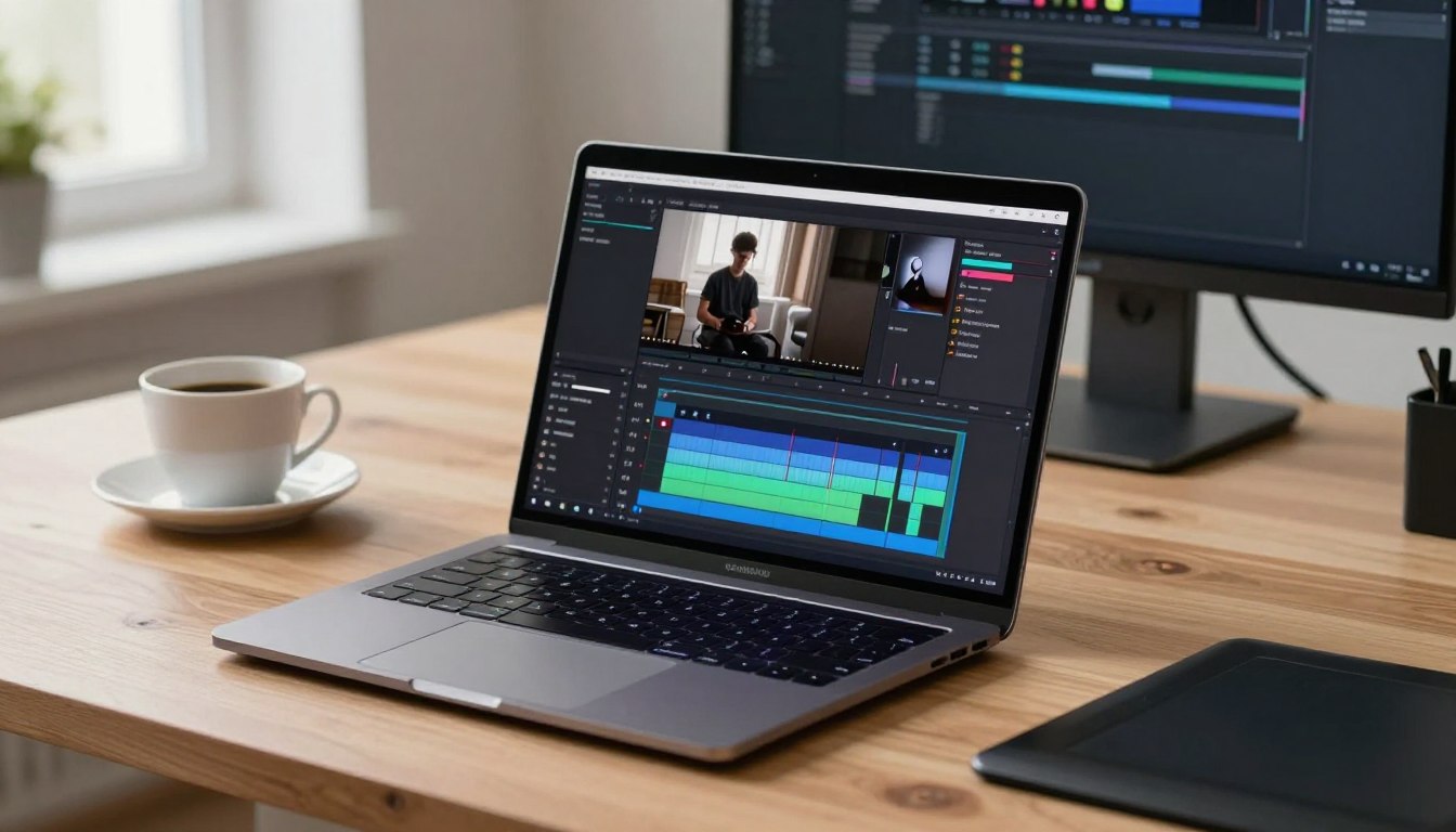 laptop grafica video editing Romania 2026 open on desk with video editing timeline visible on screen in professional workspace