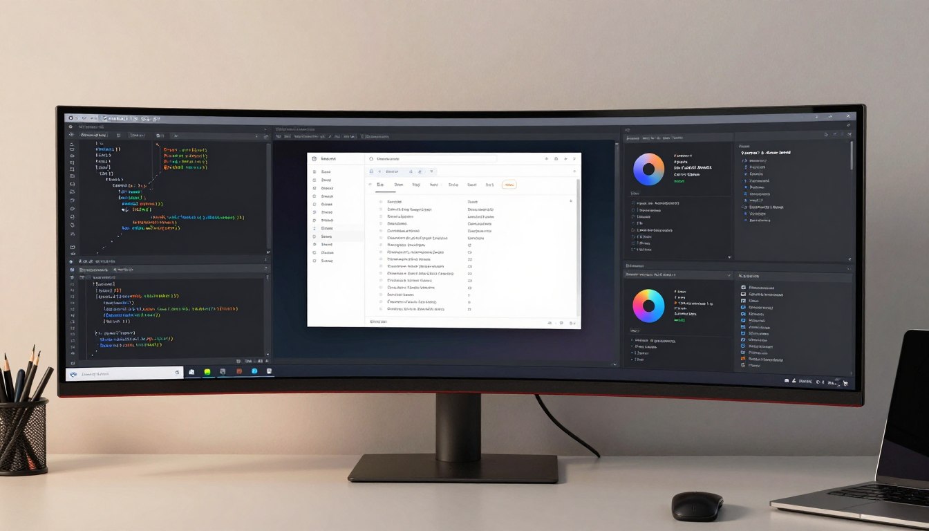 monitor ultrawide curbat cu ferestre productive deschise