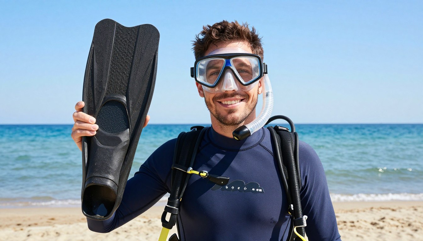 persoana fericita cu echipament snorkeling complet gata de explorare Marea Neagra persoana fericita cu echipament snorkeling complet gata de explorare Marea Neagra