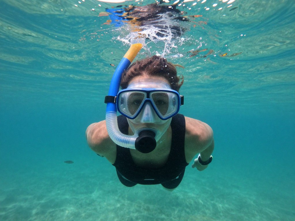 persoana testând mască clasică snorkeling în apa transparenta a Marii Negre persoana testând mască clasică snorkeling în apa transparenta a Marii Negre
