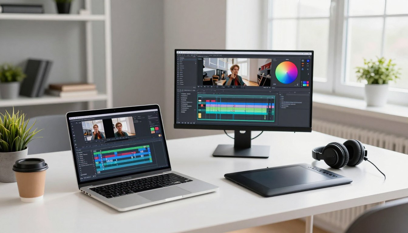 professional creative workspace with laptop video editing setup in Romania modern studio 2026 professional creative workspace with laptop video editing setup in Romania modern studio 2026