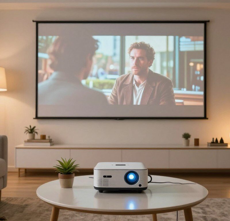 proiector portabil acasa sub 1500 lei 2026 aranjat pe masa de cafea in living modern