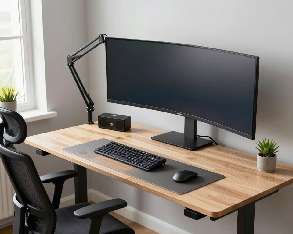 setup ergonomic de birou cu braț de monitor