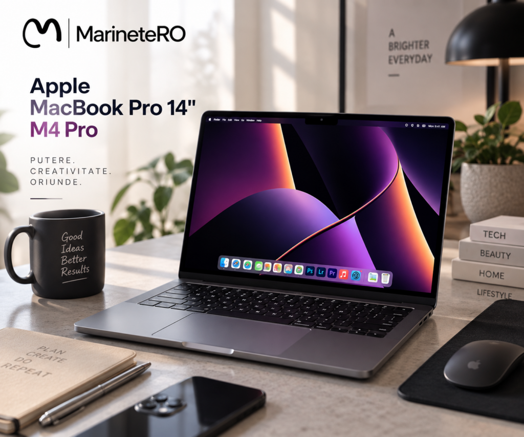 Apple MacBook Pro M4 Pro display showing video editing timeline best laptop for creators Romania 2026 Apple MacBook Pro M4 Pro display showing video editing timeline best laptop for creators Romania 2026