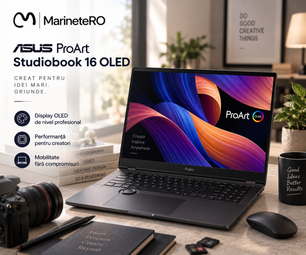 ASUS ProArt OLED display close-up showing color accuracy for graphic design laptop Romania 2026 Laptop Consumer ASUS ProArt P16 H7606WM